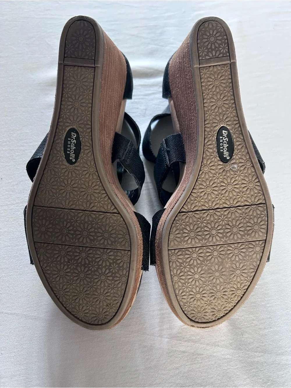 Dr. Scholl's Black Textured Strappy Wedge Sandals with Wood-Tone Heel